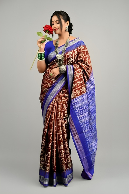 Sijileen Woven, Temple Border Sambalpuri Silk Blend Saree(Maroon)