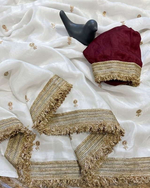 BZ Fashion Embroidered Bollywood Satin Saree(White)