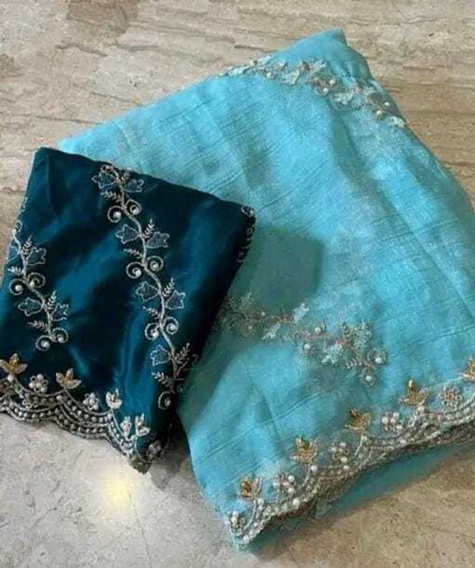 Fashion Day Embroidered Bollywood Georgette Saree(Light Blue)