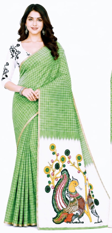 Linenplus Checkered Daily Wear Cotton Linen Saree(Light Green)