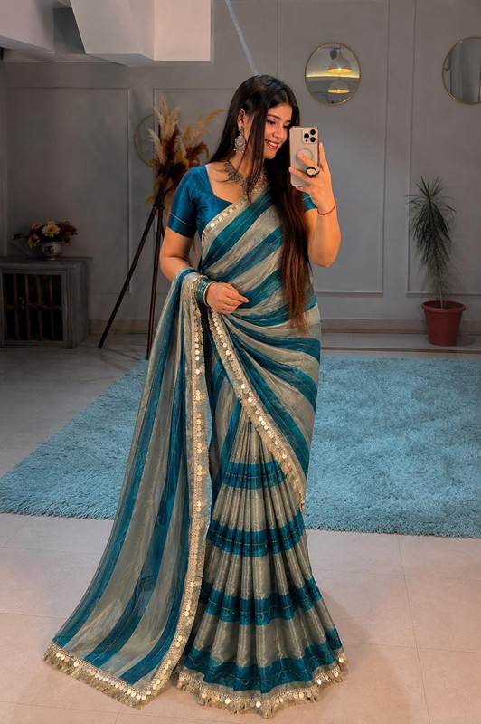 Jay Bajrang Fashion Striped, Woven, Self Design Bollywood Tissue Saree(Blue)