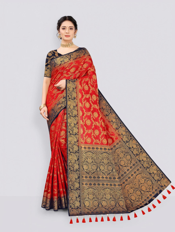 COSBILA FASHION Woven Banarasi Cotton Silk Saree(Red)