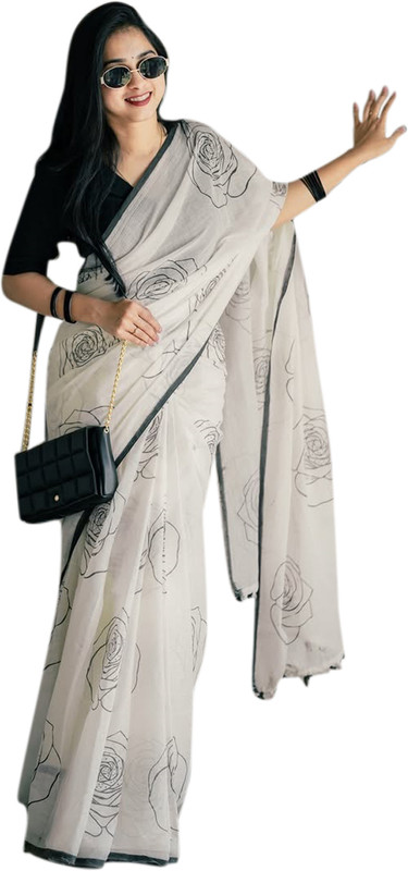 Fixal Fashion Printed Daily Wear Cotton Blend Saree(White)