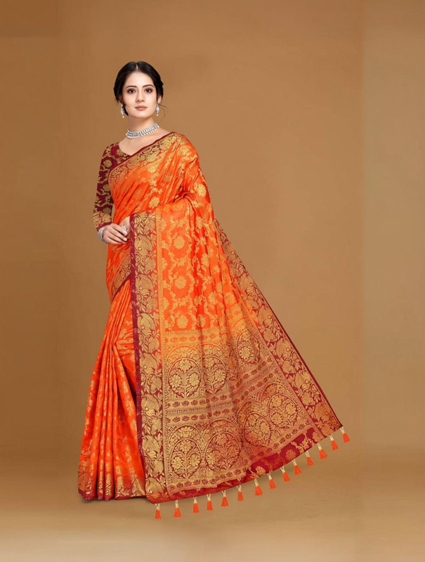 COSBILA FASHION Woven Banarasi Cotton Silk Saree(Orange)