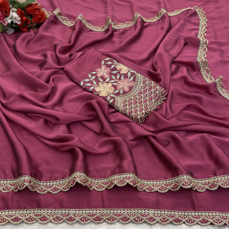 K 5 FASHION Self Design, Solid/Plain, Embroidered Bollywood Chiffon Saree(Pink)