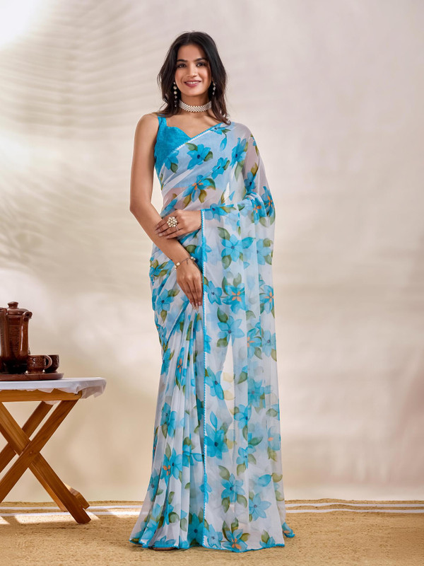 MANVIKA FASHION Floral Print Daily Wear Chiffon Saree(Blue)