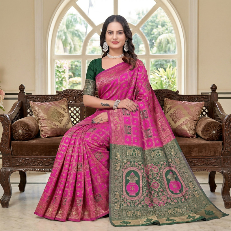 Fashion Almari Woven Banarasi Cotton Blend, Silk Blend Saree(Pink)