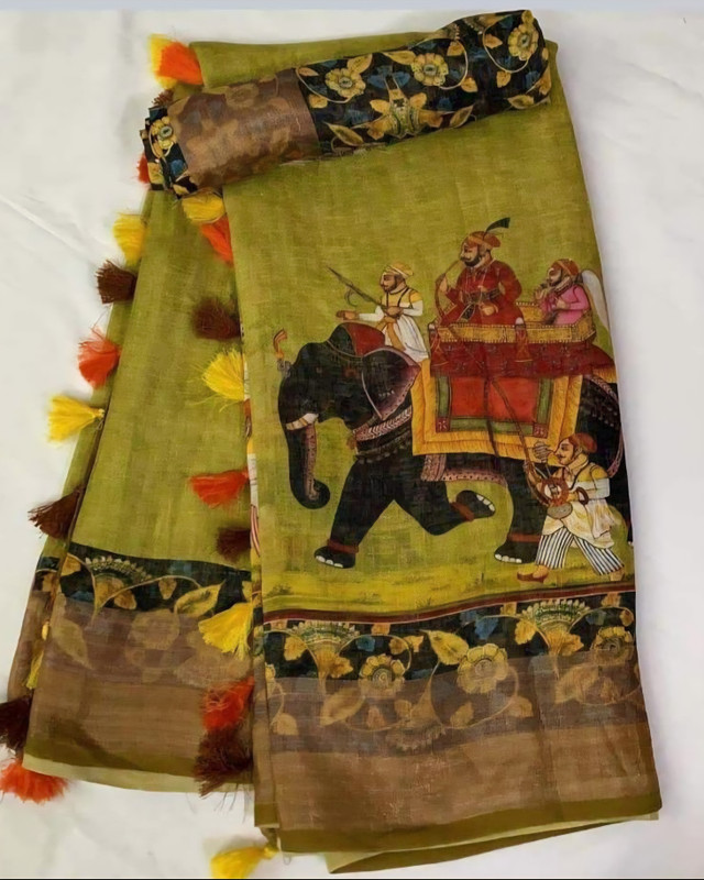 Arpita Fashion Printed, Animal Print, Digital Print, Graphic Print Bollywood Linen Saree(Multicolor)