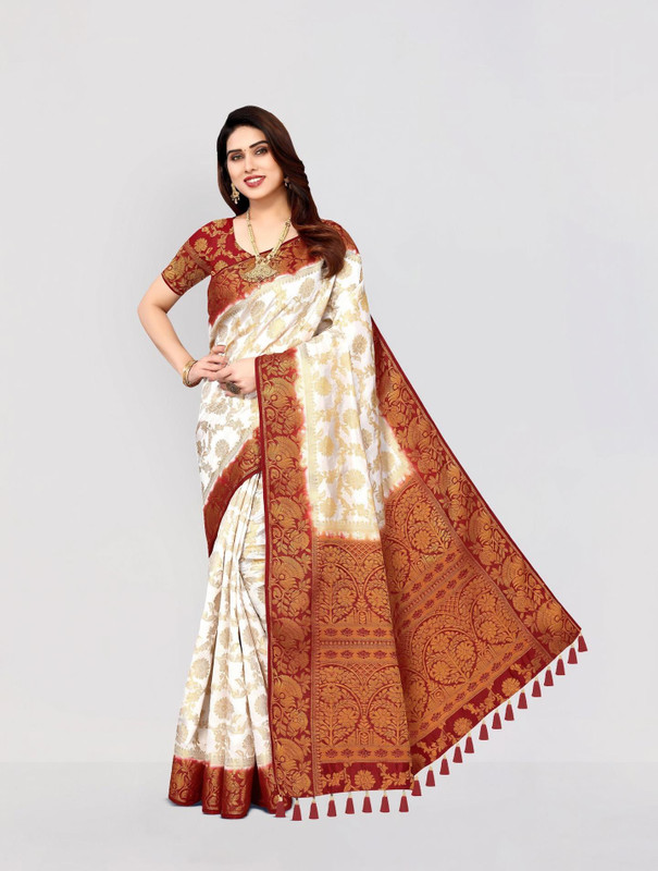 COSBILA FASHION Woven Banarasi Cotton Silk Saree(White, Maroon)