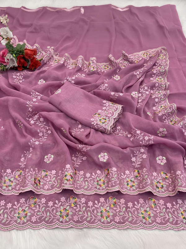 niesha fashion Embroidered Bollywood Chiffon Saree(Pink)
