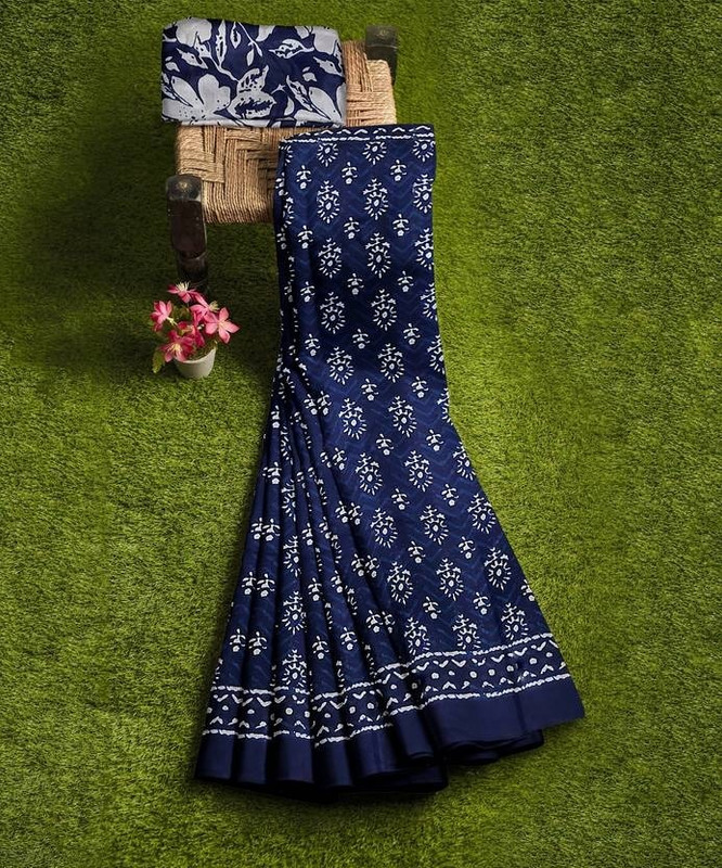 Shine Fashion Printed, Floral Print, Striped Daily Wear Pure Cotton Saree(Blue)