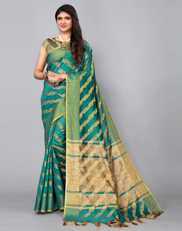 Samah Woven, Embellished Garad Silk Blend Saree(Green)