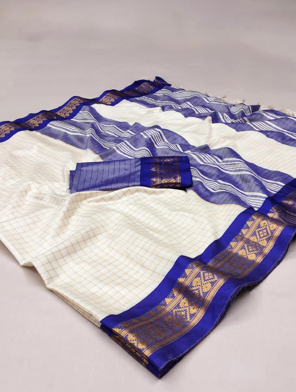 FashionPallavi Woven, Embellished, Self Design, Striped Baluchari Cotton Silk, Jacquard Saree(White, Blue)