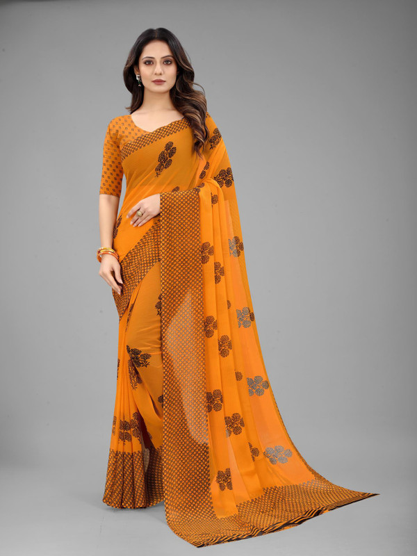 VR Fashions Printed Bollywood Chiffon Saree(Mustard)
