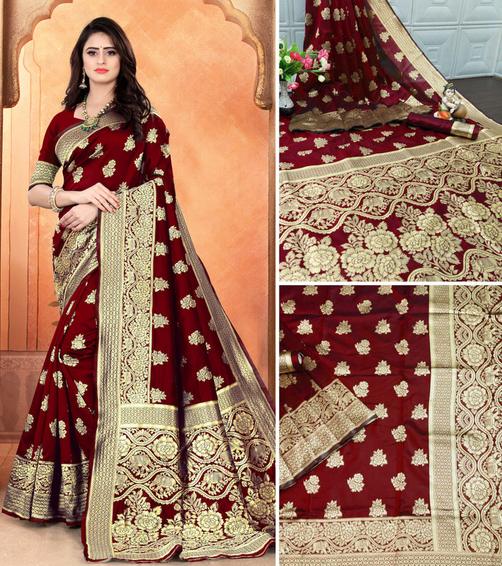 Fashion Files Self Design, Woven Kanjivaram Jacquard Saree(Maroon)