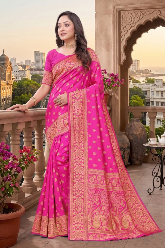 Fashion Almari Printed Banarasi Art Silk Saree(Pink)
