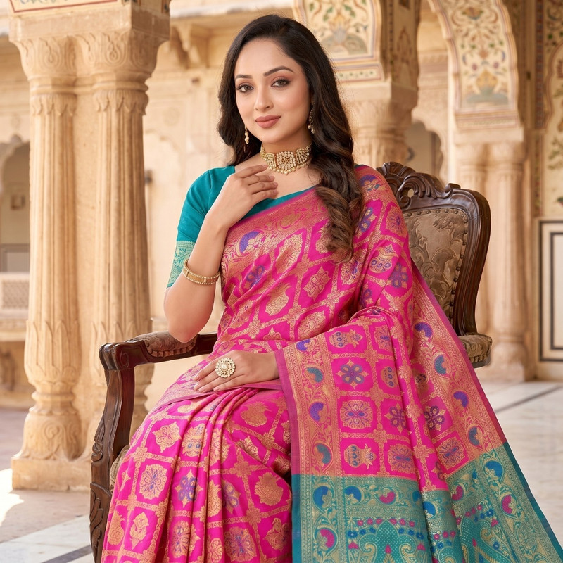 Fashion Almari Woven, Floral Print Banarasi Cotton Silk Saree(Pink)