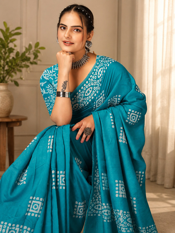 kiaan fashion Printed Hand Batik Pure Cotton Saree(Green)