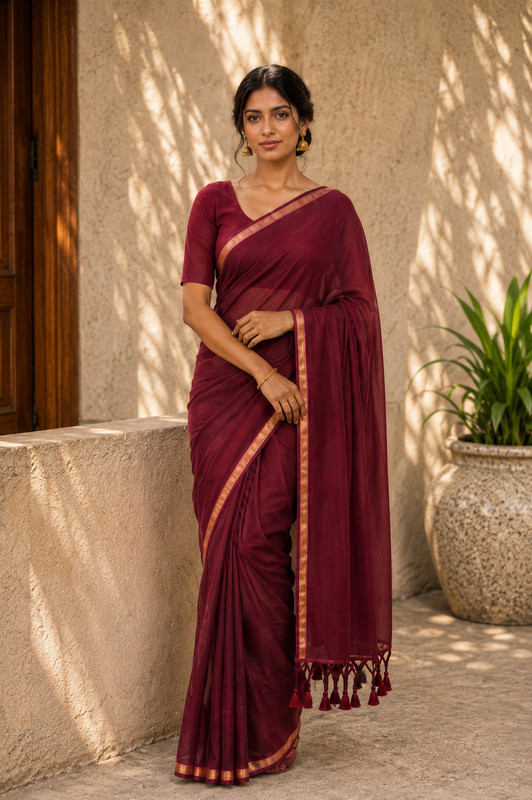 SRINJAN FASHION Solid/Plain Daily Wear Handloom Cotton Blend Saree(Maroon)