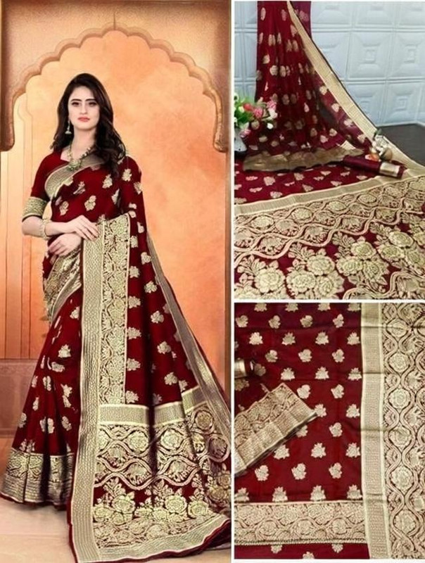 Fashion Files Woven, Floral Print, Self Design Banarasi Jacquard Saree(Maroon)