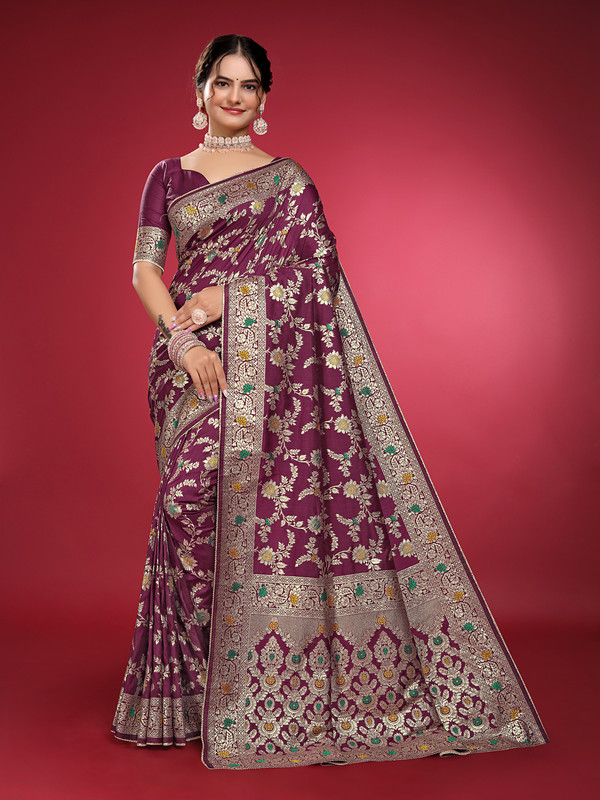 Navanari Woven, Embellished Banarasi Jacquard, Art Silk Saree(Purple)