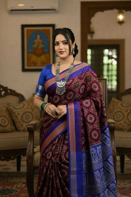 Tilfelle Woven, Temple Border Sambalpuri Silk Blend Saree(Maroon)