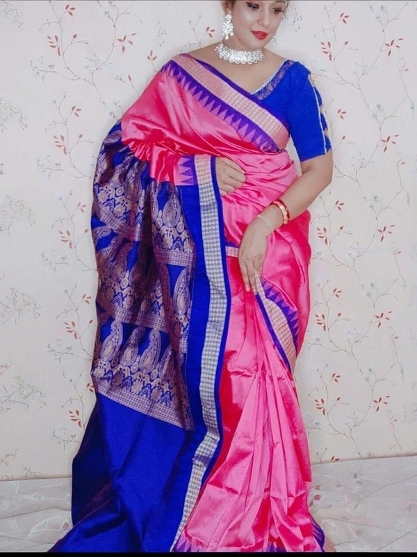 Share Balaji creation Solid/Plain, Woven, Paisley Sambalpuri Silk Blend Saree(Pink)