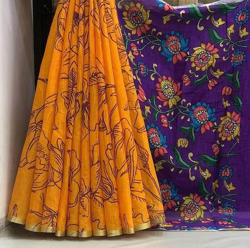 nirave fashion Floral Print Daily Wear Cotton Linen Saree(Yellow)
