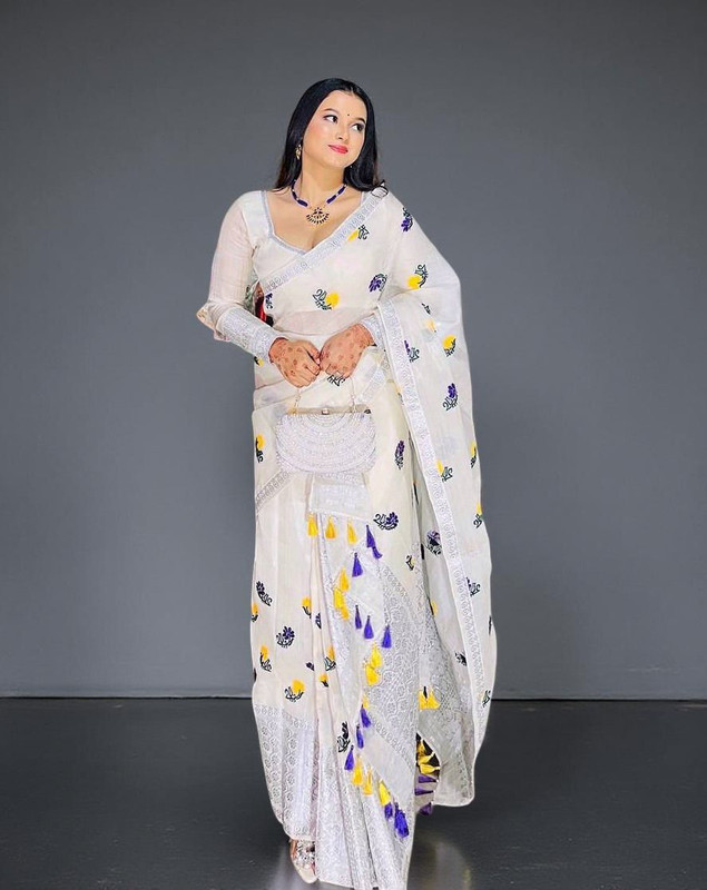 Cashing Fashion Woven Mekhela Chador Cotton Silk Saree(White)