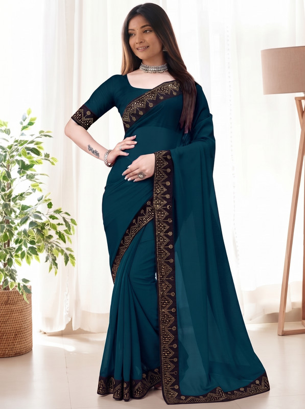 Heturaj fashion Embroidered Bollywood Georgette Saree(Dark Blue)