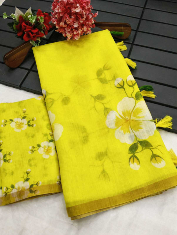 Shine Fashion Blocked Printed Daily Wear Pure Cotton Saree(Yellow)