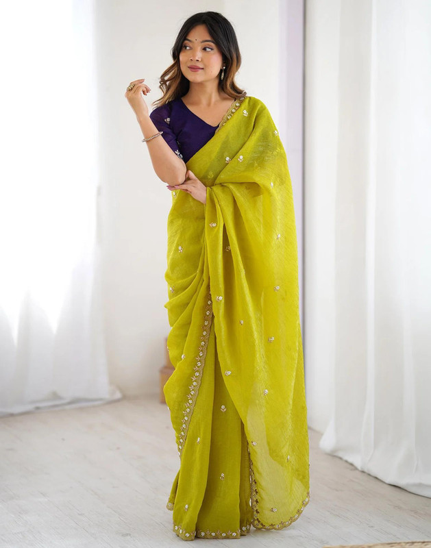 Flute Fashion Embroidered Bollywood Georgette Saree(Yellow)