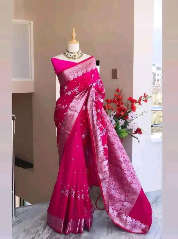 ajmera fashion Woven Banarasi Pure Silk Saree(Pink)
