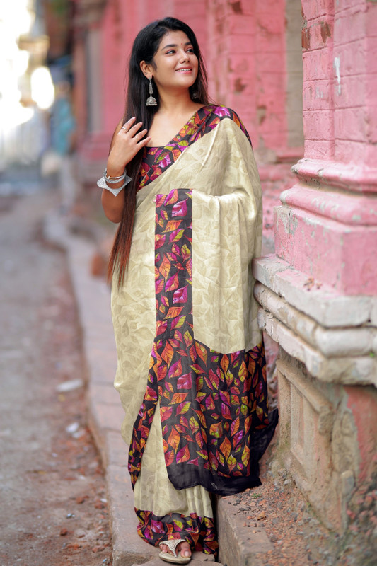 MIRCHI FASHION Printed, Floral Print Daily Wear Chiffon, Georgette Saree(Cream, Black, Multicolor)
