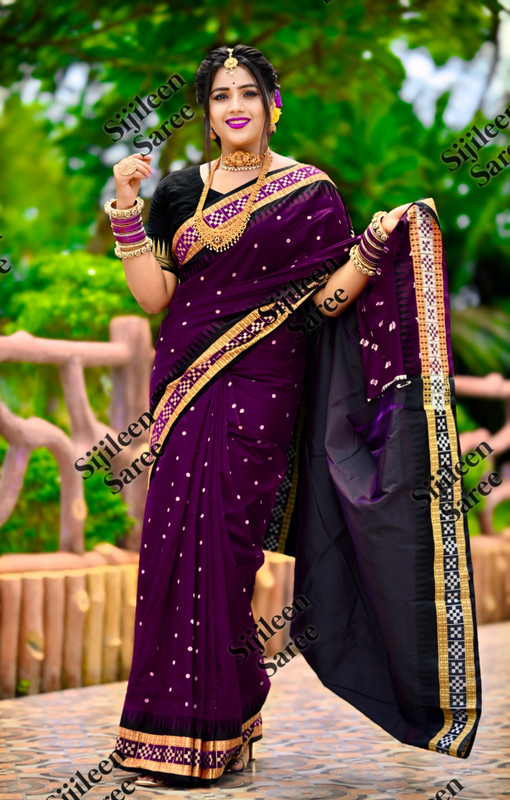 Sijileen Temple Border, Woven, Color Block Sambalpuri Silk Blend Saree(Purple)