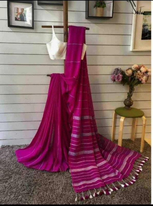 Puspa Fashion Striped Tant Pure Cotton Saree(Magenta)