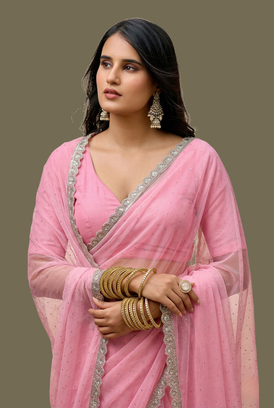 Silk Empire Self Design Bollywood Net Saree(Pink)