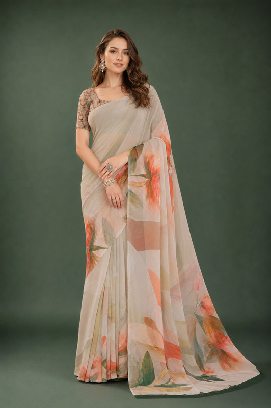 Tanuza Fashion Floral Print, Digital Print Daily Wear Georgette Saree(Grey)