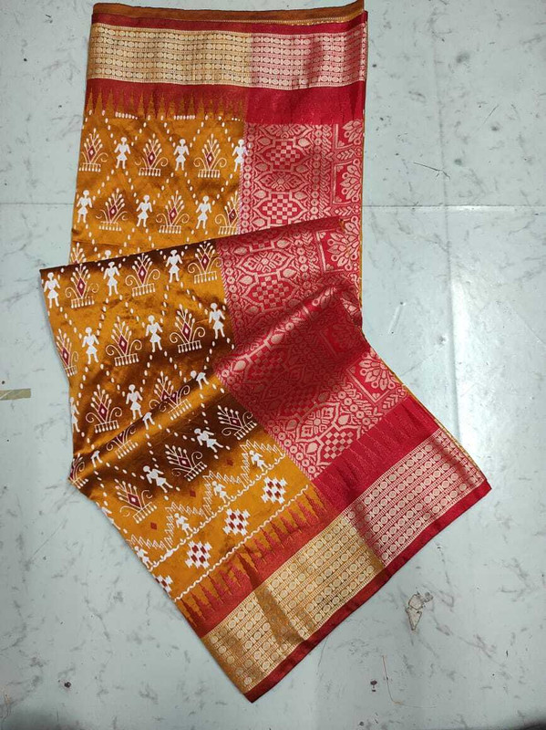 MAU Printed, Woven, Ombre, Temple Border Sambalpuri Silk Blend Saree(Mustard)