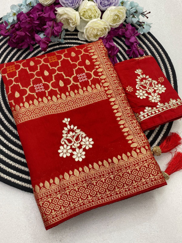 vranda fashion Floral Print Banarasi Pure Silk Saree(Red)