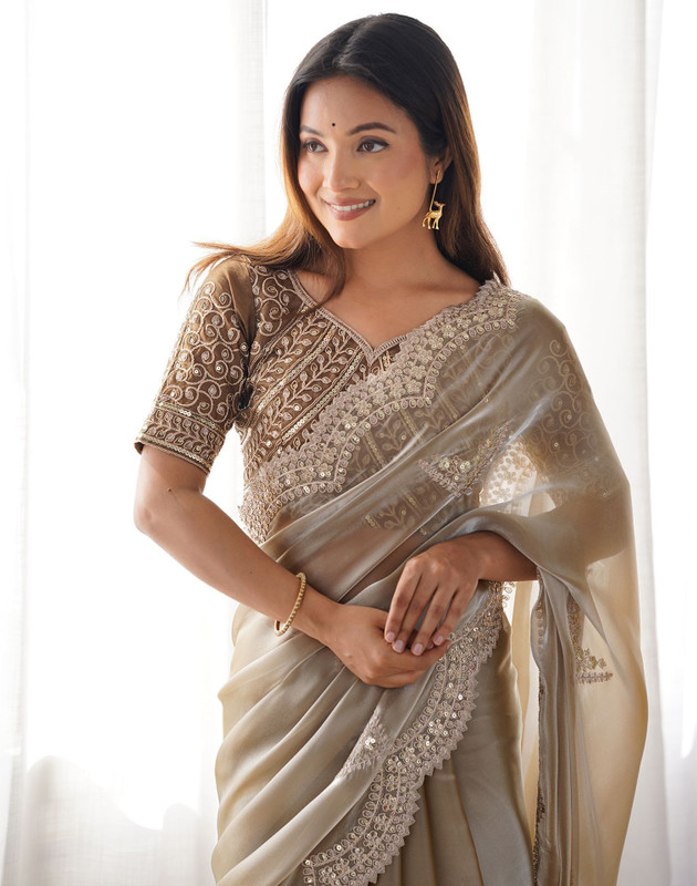 Satrani Embellished, Embroidered Bollywood Organza Saree(Beige)