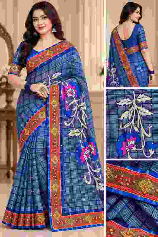 Kanhiya Floral Print Bollywood Muslin Saree(Blue)