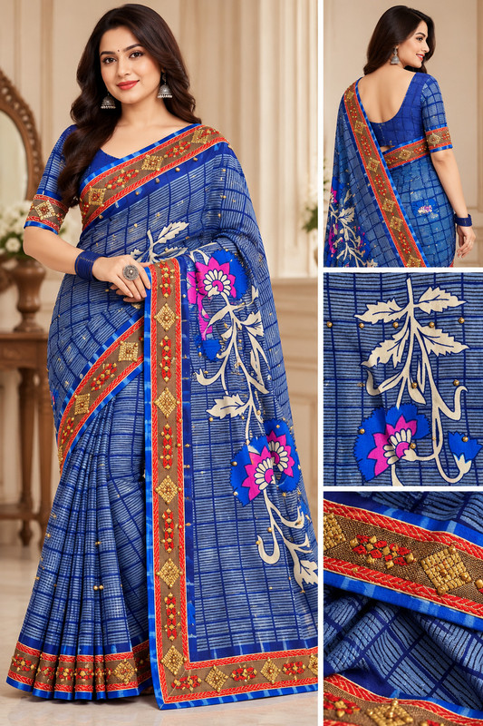Kanhiya Floral Print Bollywood Muslin Saree(Blue)
