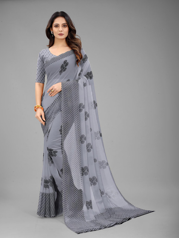 VR Fashions Printed Bollywood Chiffon Saree(Grey)