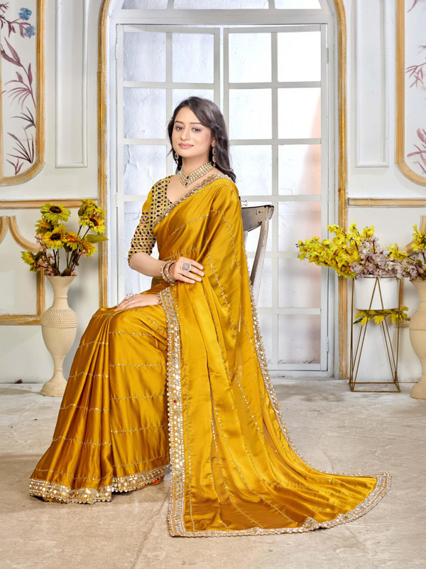 Jhilmil Fashion Embellished Bollywood Pure Silk Saree(Mustard)