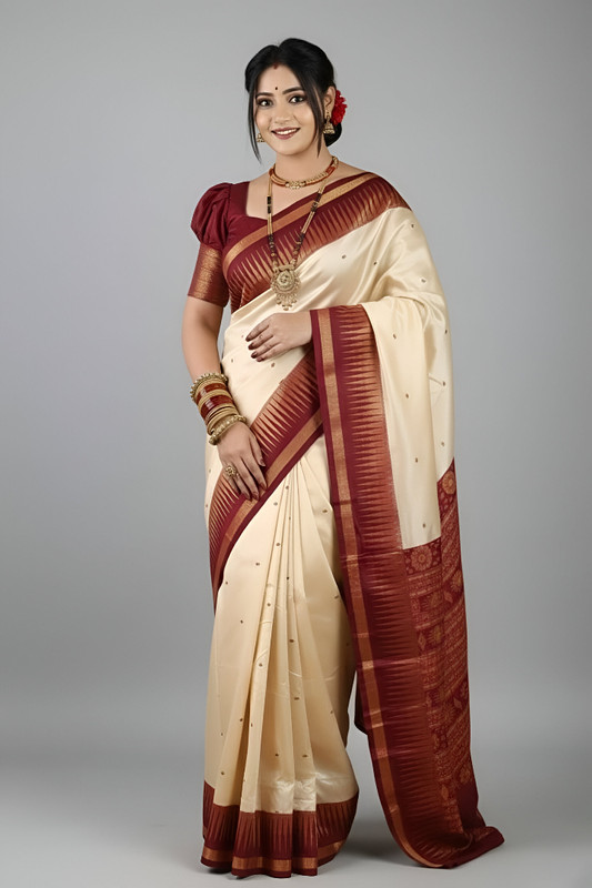 Sijileen Temple Border, Woven Sambalpuri Art Silk Saree(Cream, Maroon)