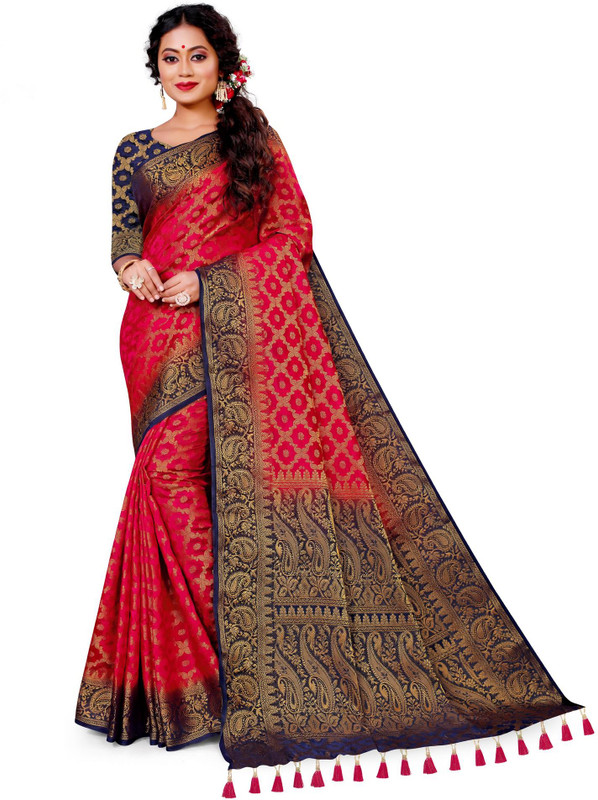 COSBILA FASHION Woven Banarasi Cotton Silk Saree(Blue, Pink)