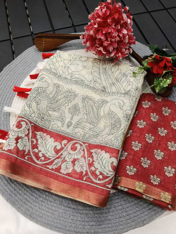 p fashion Printed Tant Pure Cotton Saree(Red, Multicolor)