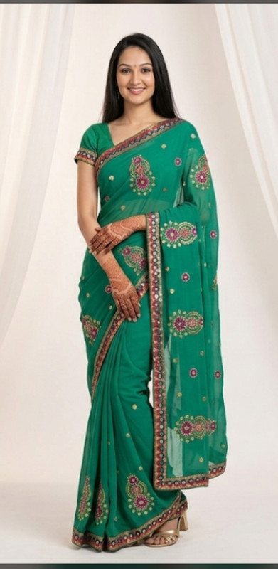 AARTI SAREES Embroidered Bollywood Chiffon Saree(Dark Green)