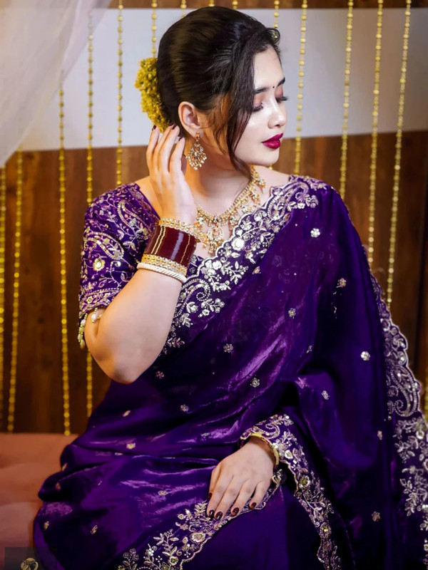 ANJAVI FASHION Embroidered Bollywood Silk Blend Saree(Purple)